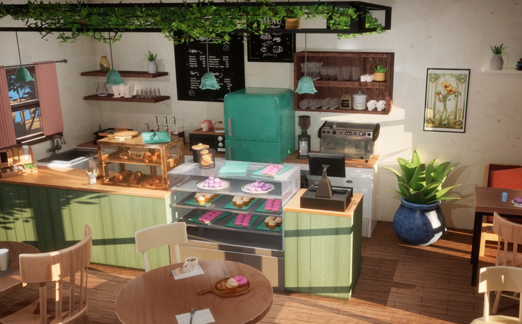the drowsy leaf cafe interior with a tea counter and pastries