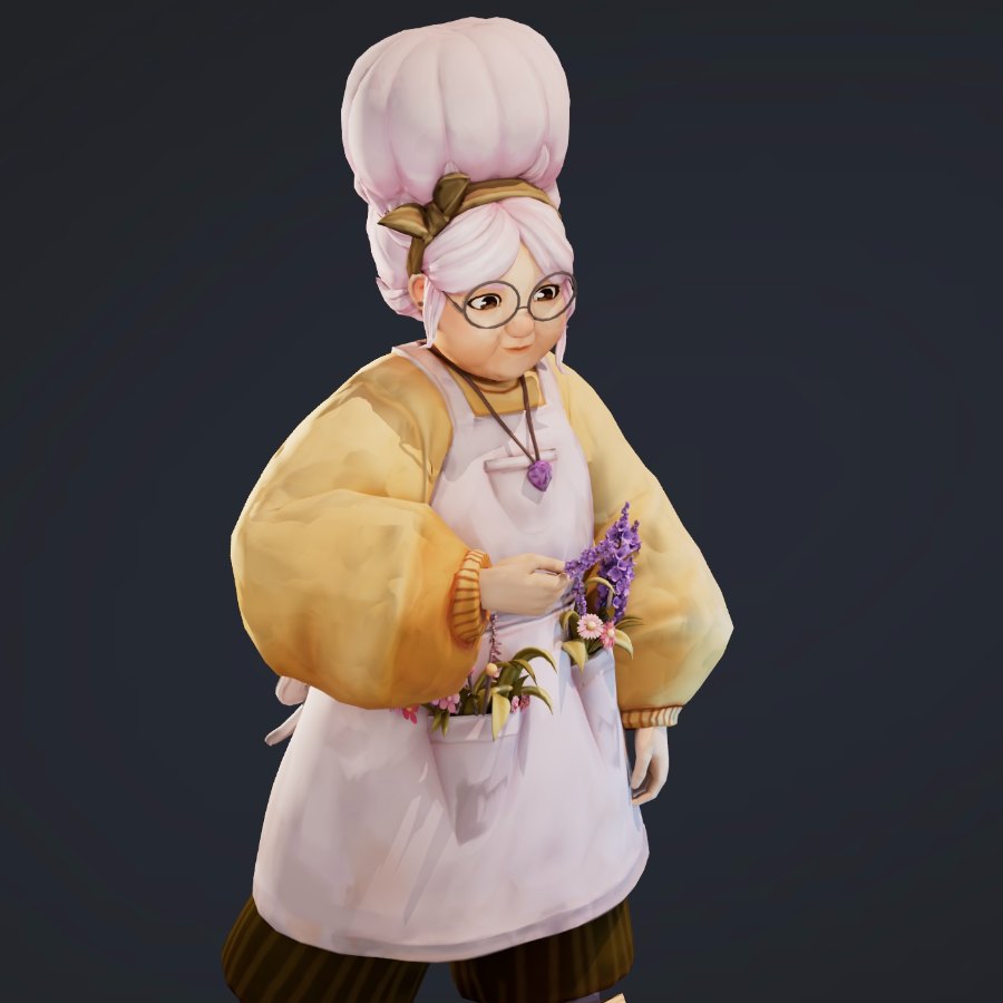 granma gem: pink beehive bun, round glasses, yellow sweater, flower-stuffed apron, and crocs