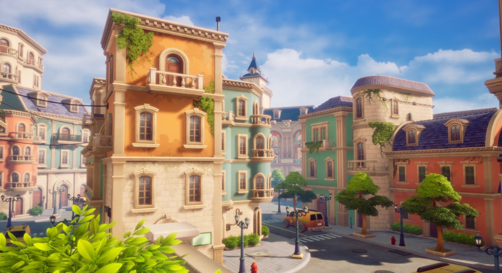 sagebrook town plaza, colorful buildings around a cobblestone square
